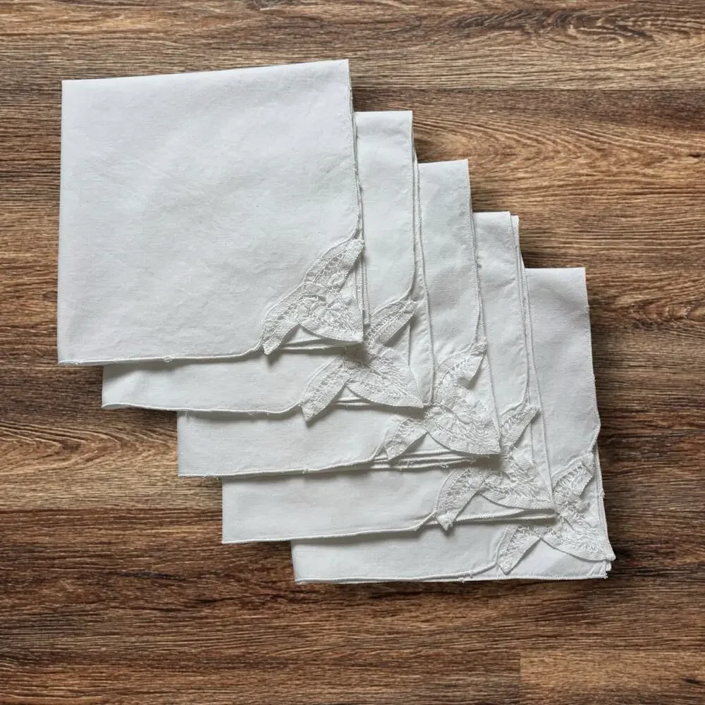 White Cotton Napkins Set 5 Cutwork Embroidered Lace 16